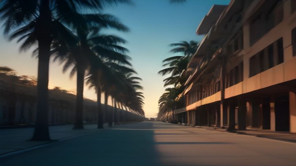 Alameda de um campus universitário ao entardecer, com palmeiras e a luz baixa no fim do caminho